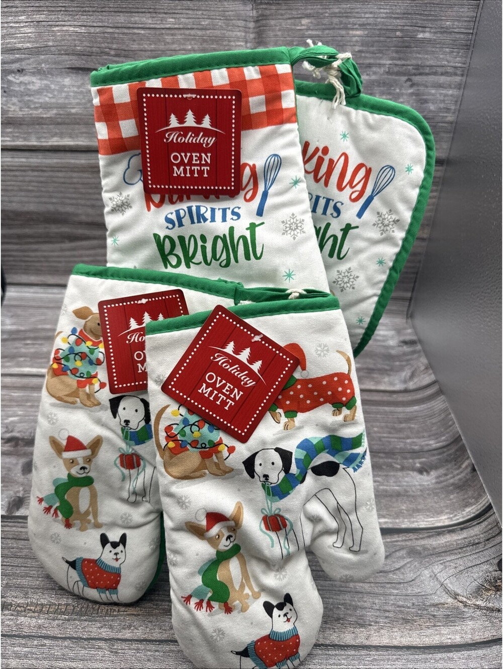 Set of 4 Christmas Holiday 2 Dogs Mitts 1 Pot Holder Multicolor Gingerbread NWT